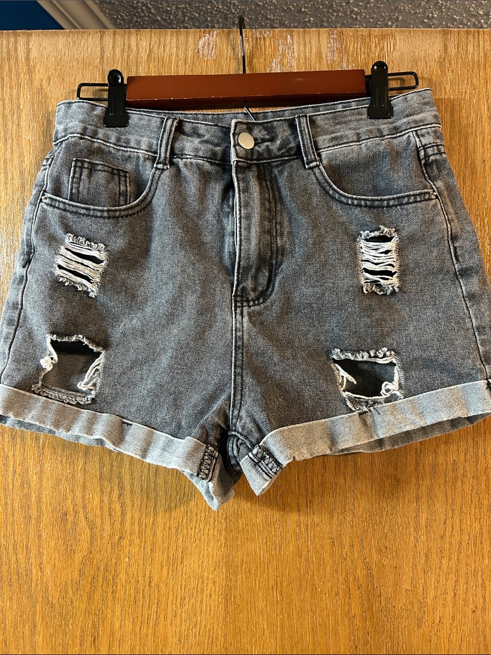 SHEIN Medium High-Rise Distressed Denim Shorts - Gray